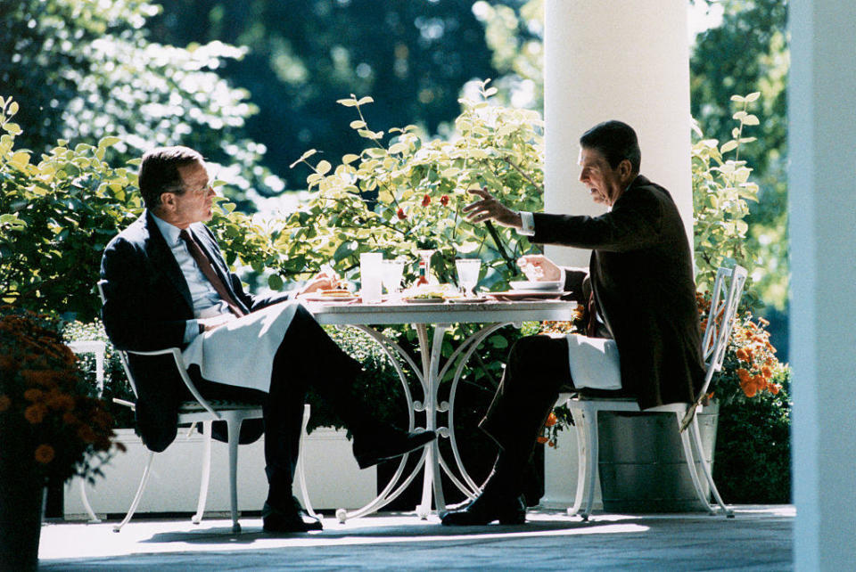 President Ronald Reagan having lunch with Vice President George Bush at the White House on Oct. 4, 1984. / Credit: Jean-Louis Atlan/Sygma via Getty Images