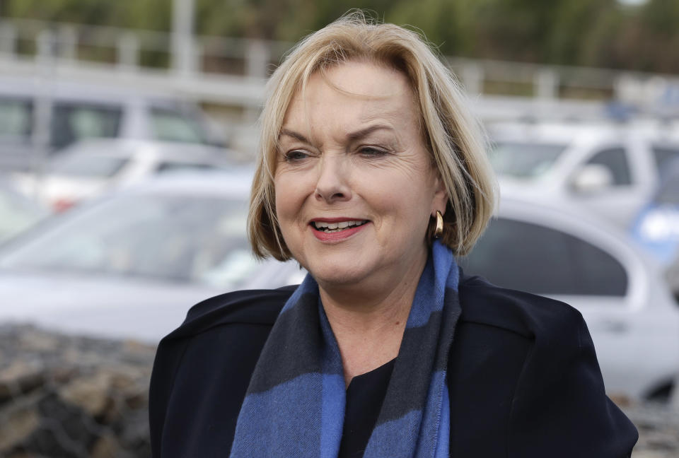 FILE - Leader of the New Zealand opposition National Party, Judith Collins, arrives at a salmon factory in Christchurch, New Zealand, Thursday, July 30, 2020. A year after suffering a huge election loss, New Zealand's conservative opposition leader Collins was ousted Thursday, Nov. 25, 2021, by her caucus. (AP Photo/Mark Baker, File)