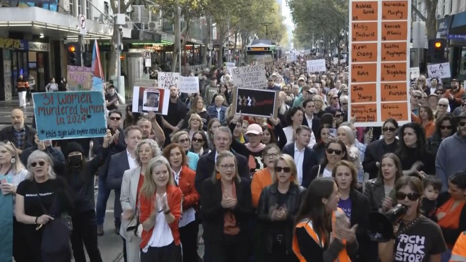 People march and shout slogans during a protest against gender-based violence, in Melbourne, Australia, on April 28. - AUBC/AP