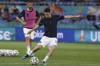 Italy's Jorginho warms up ahead of the Euro 2020 soccer championship group A match between Italy and Turkey at the Olympic stadium in Rome, Friday, June 11, 2021. (Alberto Lingria/Pool Photo via AP)