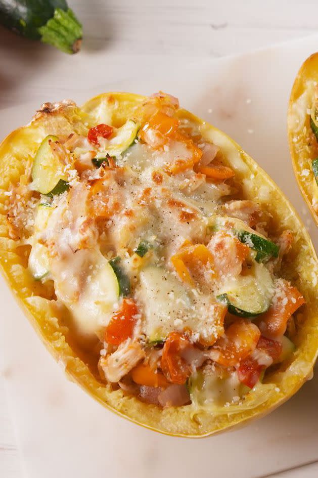 Primavera Chicken Spaghetti Squash Boats