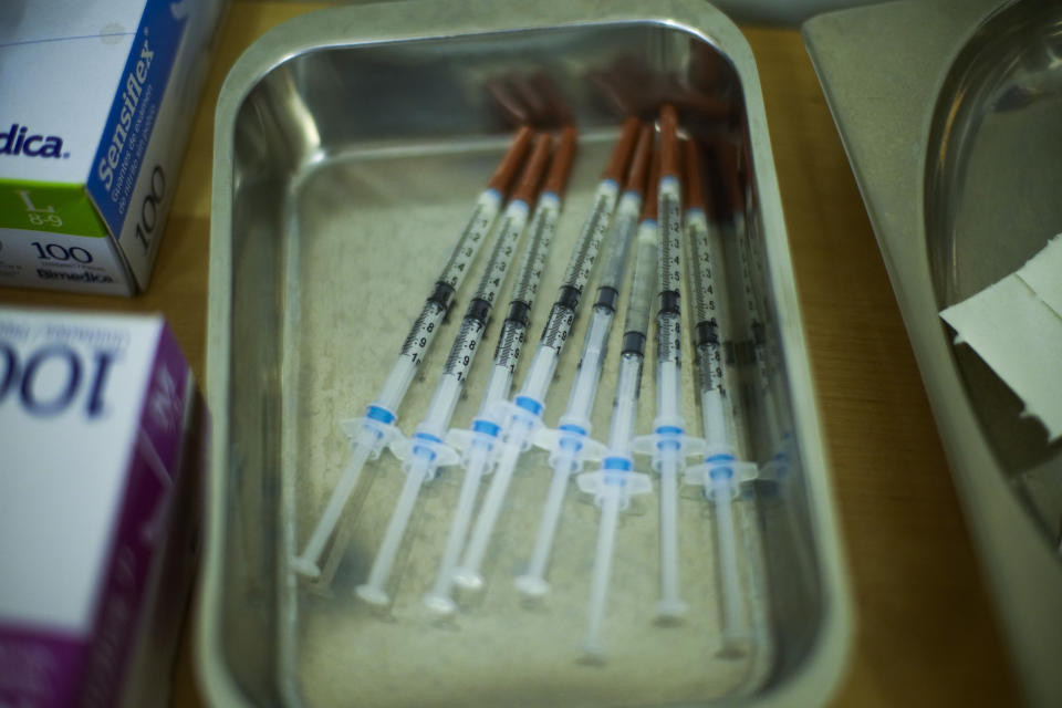 Syringes with vaccines against Monkeypox are ready to be used at a medical center in Barcelona, Spain, Tuesday, July 26, 2022. (AP Photo/Francisco Seco)