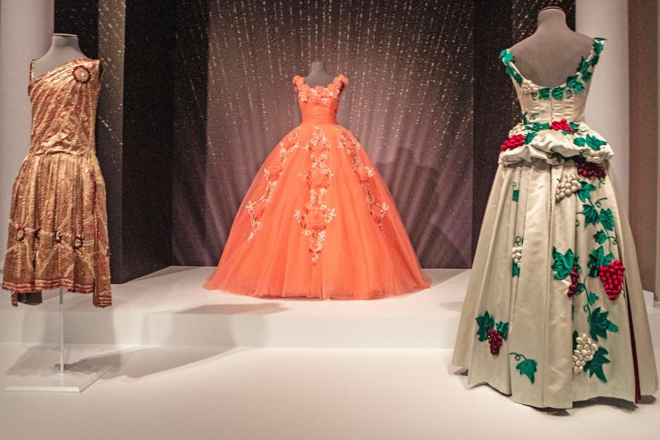 From left, Ann Lowe's Gasparilla Court gown worn by Katherine Broaddus (Mrs. Archibald Livingston Jr.); Ak-Sar-Ben Countess gown worn by Ann Lallman Jessop; and Veiled Prophet ball gown worn by Susan Celeste Peterson are featured during a preview of the "Ann Lowe: American Couturier" exhibition at the Winterthur Museum, Garden and Library near Centreville, Wednesday, Aug. 30, 2023. The exhibit features 40 gowns and runs from Sept. 9 to Jan. 7, 2024.