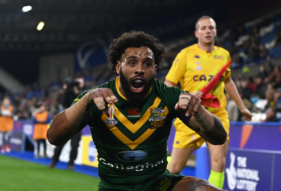 Josh Addo-Carr of Australia celebrates after scoring their team's third try during the Rugby League World Cup Quarter Final match between Australia and Lebanon (Getty Images for RLWC 2021)