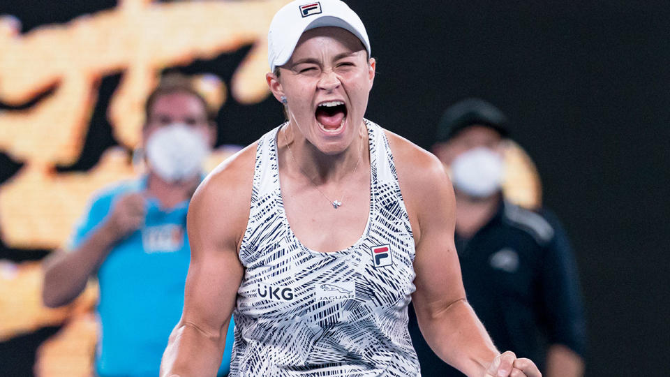 Seen here, Ash Barty roars in delight after clinching her third grand slam title at the 2022 Australian Open.