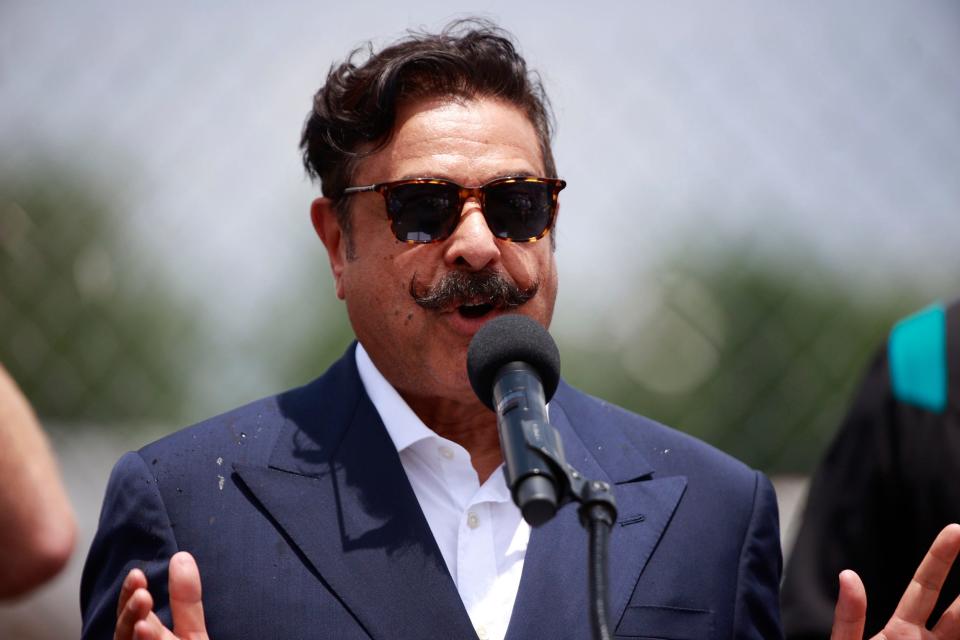 Jacksonville Jaguars owner Shad Khan speaks as the business bearing the name on the new practice facility, Miller Electric Center, is announced during a media conference after a minicamp football practice in June.
