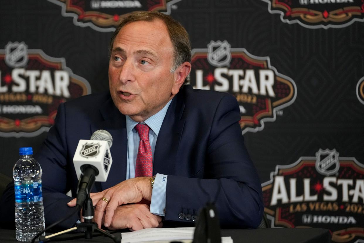 NHL commissioner Gary Bettman speaks with media prior to the 2022 NHL All-Star Game Skills Competition at T-Mobile Arena.