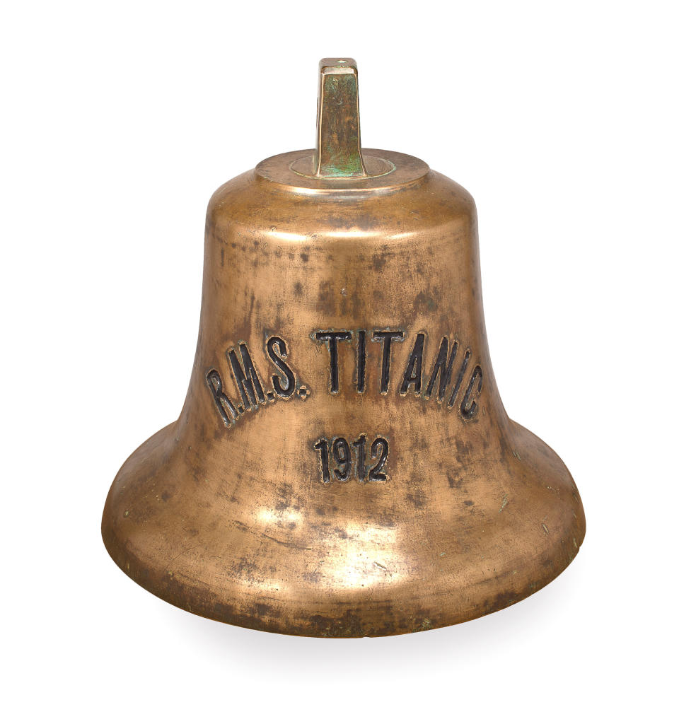 In this Feb. 27, 2012 photo provided by Bonhams Auction House, the bell used to sound the alarm about the approaching iceberg in the 1958 film “A Night to Remember,” is shown. The bell will be put up on the block by Bonhams during their “R.M.S. Titanic: 100 Years of Fact and Fiction” auction in New York on Sunday, April 15, 2012. (AP Photo/Bonhams Auction House)