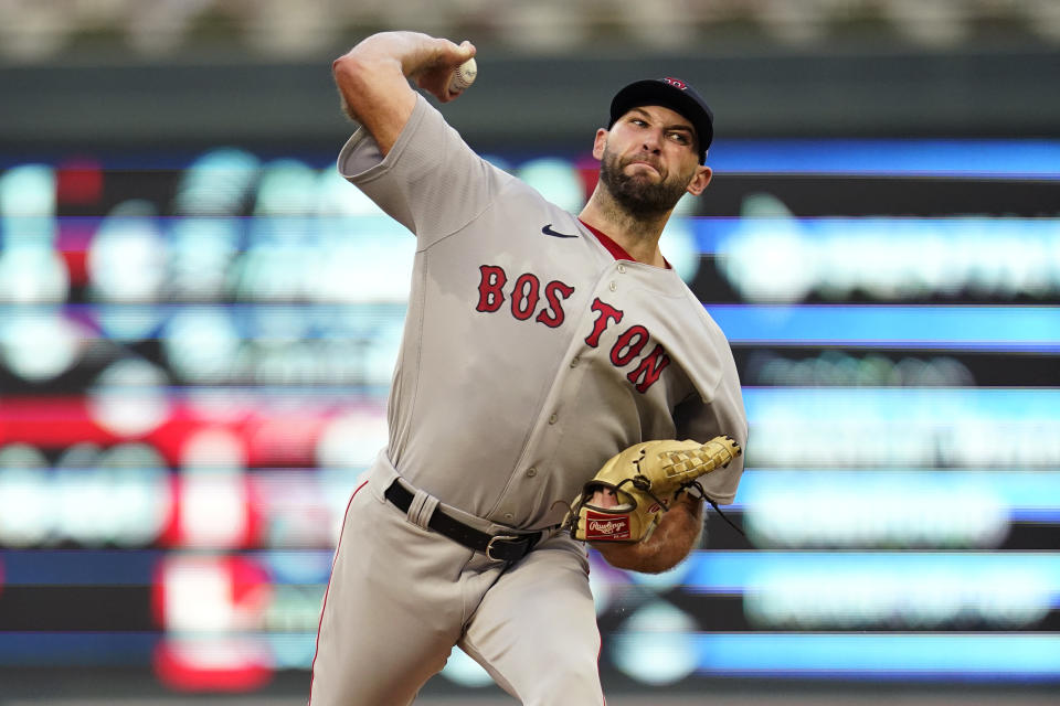 Boston Red Sox starting pitcher Michael Wacha delivers to a Minnesota Twins batter during the second inning of a baseball game Wednesday, Aug. 31, 2022, in Minneapolis. (AP Photo/Abbie Parr)