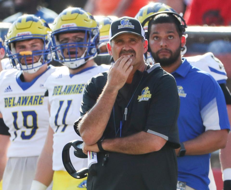 Delaware head coach Danny Rocco surveys the scene after his team fell behind 14-0 in the second quarter of Delaware's 45-13 loss at SHI Stadium in Piscataway, NJ, Saturday, Sept. 18, 2021.