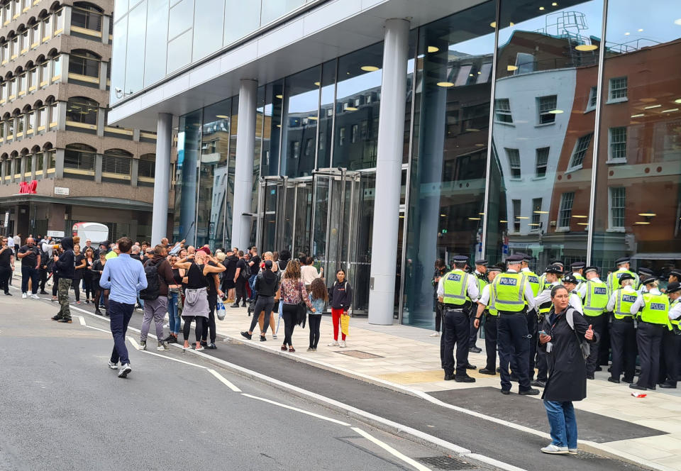 Picture taken with permission from the twitter feed of @atapushmaybe of anti-vaccine protesters at the offices of ITN on Grays Inn Road, London. Picture date: Monday August 23, 2021.