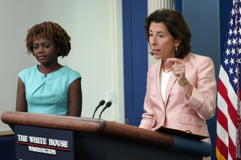 U.S. Commerce Secretary Gina Raimondo (R) and White House Press Secretary Karine Jean-Pierre (L) at a daily White House press briefing in Sept. 2022 at the White House. The CADRE will be led by Pennsylvania State University in State College, the University of Oklahoma in Norman, Colorado State University in Fort Collins, Howard University in Washington, University of Maryland in College Park and the University of Utah in Salt Lake City. File photo by Yuri Gripas/UPI