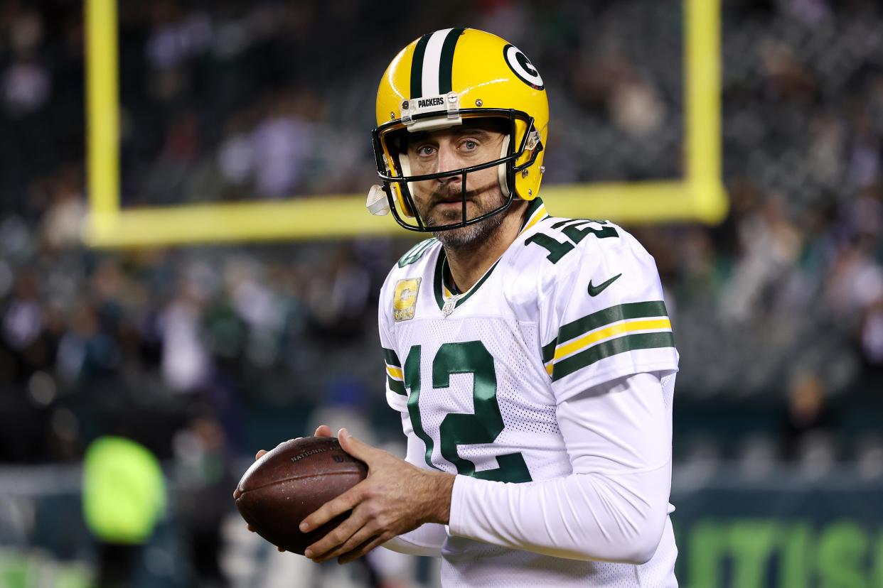 PHILADELPHIA, PENNSYLVANIA - NOVEMBER 27: Aaron Rodgers #12 of the Green Bay Packers warms up prior to the game against the Philadelphia Eagles at Lincoln Financial Field on November 27, 2022 in Philadelphia, Pennsylvania. (Photo by Scott Taetsch/Getty Images)