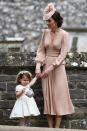 <p>Undoubtedly one of the sweetest bridesmaids to date, Princess Charlotte donned a flower crown and clasped a wicker basket filled with flowers for Auntie Pippa’s wedding earlier this year. Brother Prince George played page boy, too. <em>[Photo: Getty]</em> </p>