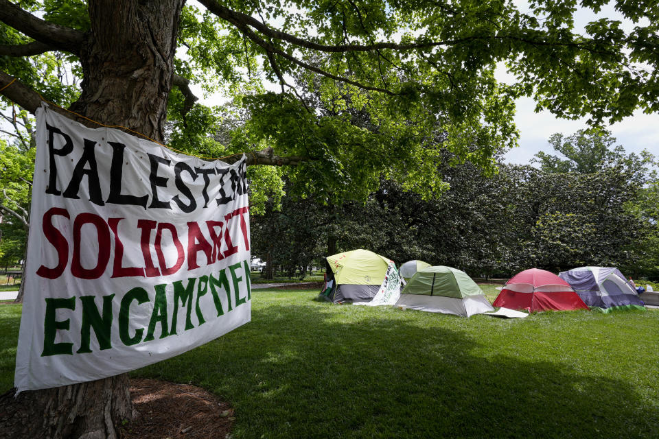 Pro-Palestinian supporters continue their encampment protest on Vanderbilt University campus Friday, May 3, 2024, in Nashville, Tenn. (AP Photo/George Walker IV)