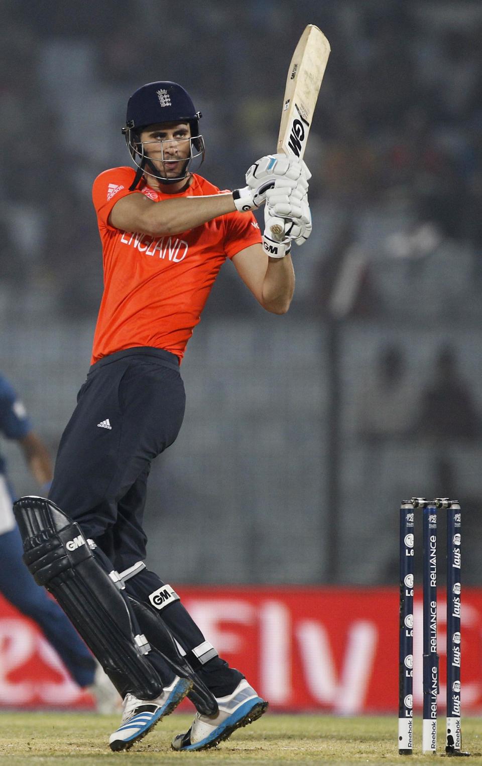 England's Alex Hales plays a shot during the ICC Twenty20 Cricket World Cup match against Sri Lanka in Chittagong, Bangladesh, Thursday, March 27, 2014. (AP Photo/A.M. Ahad)