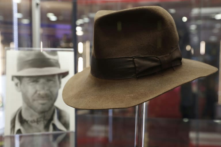 The fedora worn by Harrison Ford's character Indiana Jones in the 'Indiana Jones and the Raiders of the Lost Ark' film is on show in London ahead of auction