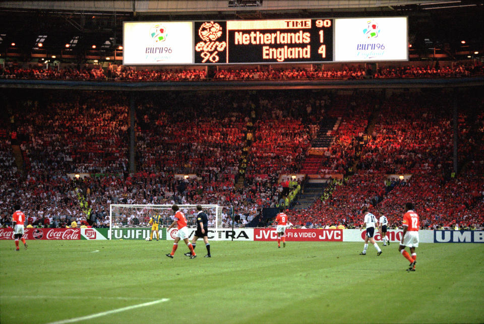 A day to remember: The scoreboard says it all as England crush the Dutch at Wembley in 1996