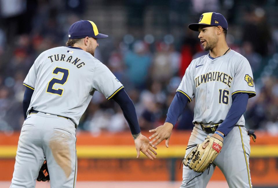 DETROIT, MI - JUNE 7: Brice Turang #2 of the Milwaukee Brewers celebrates with Blake Perkins #16 after a win over the Detroit Tigers at Comerica Park on June 7, 2024 in Detroit, Michigan. (Photo by Duane Burleson/Getty Images)