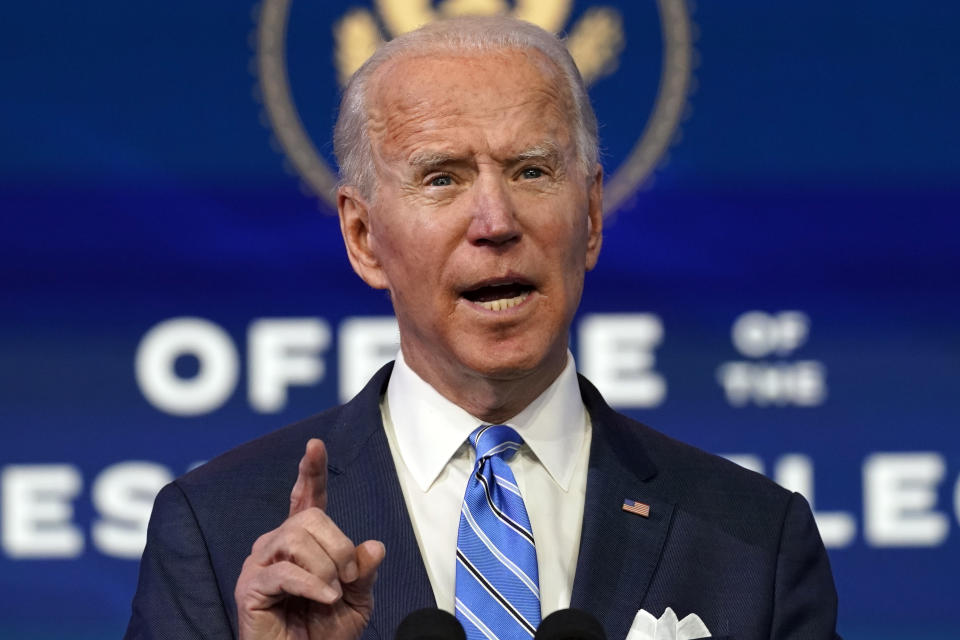 President-elect Joe Biden speaks about the COVID-19 pandemic during an event at The Queen theater, Thursday, Jan. 14, 2021, in Wilmington, Del. (AP Photo/Matt Slocum)