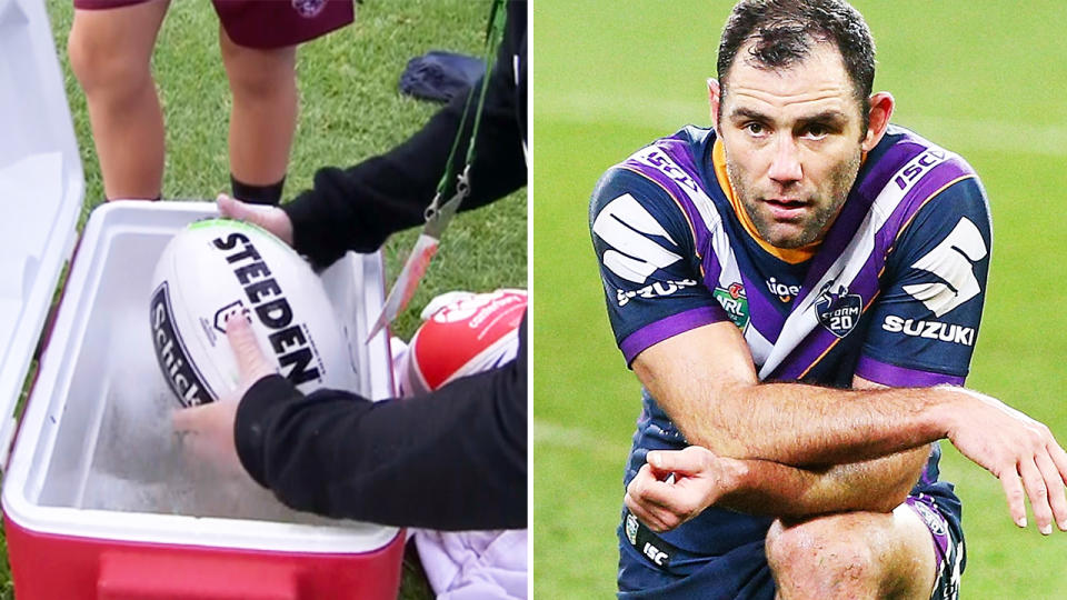 Cameron Smith and the Melbourne Storm, pictured here beating Manly with balls being washed due to coronavirus.