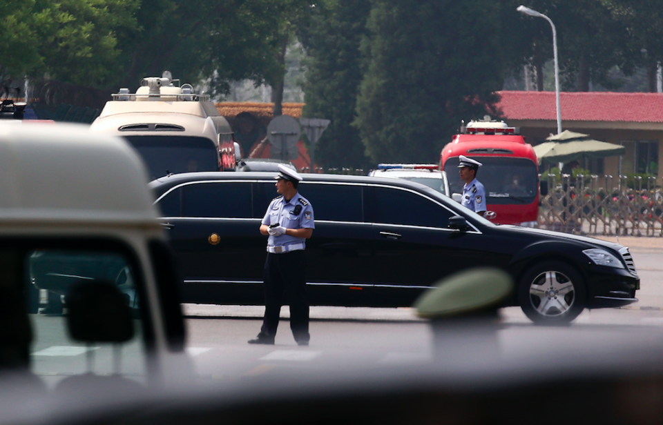 <em>The motorcade that is believed be carrying North Korea leader Kim Jong-un (AP)</em>