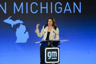 Gov. Gretchen Whitmer speaks during a news conference in Lansing, Mich., Tuesday, Jan. 25, 2022. General Motors is making the largest investment in company history in its home state of Michigan, announcing plans to spend nearly $7 billion to convert a factory to make electric pickup trucks and to build a new battery cell plant. (AP Photo/Paul Sancya)