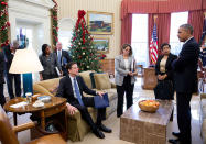 <p>“Following a meeting to discuss the latest information on the mass shootings in San Bernardino, Calif. on December 3, 2015, the President has some last words with, from left, Chief of Staff Denis McDonough, National Security Advisor Susan E. Rice, FBI Director James Comey (seated on sofa), Alejandro N. Mayorkas, Deputy Secretary of Homeland Security, Lisa Monaco, Assistant to the President for Homeland Security and Counterterrorism, and Attorney General Loretta Lynch.” (Pete Souza/The White House) </p>