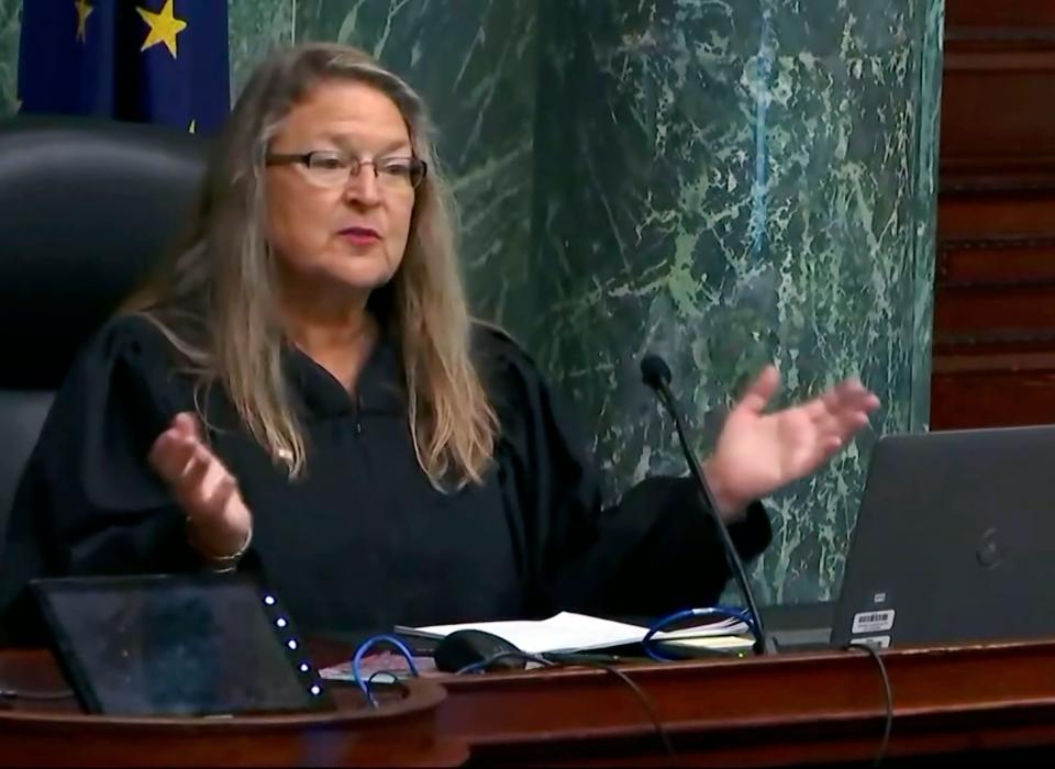 This screen shot from video shows Special Judge Frances Gull at an Oct. 19, 2023, court hearing in Fort Wayne. During the hearing, she said the trial for Richard Allen was expected to be delayed after his defense attorneys announced their intention to withdraw their representation.