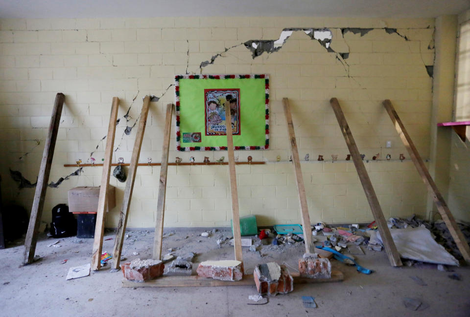 <p>Support beams are placed on a crumbling wall of a room during the search for students at the Enrique Rebsamen school after an earthquake in Mexico City, Mexico, Sept. 21, 2017. (Photo: Daniel Becerril/Reuters) </p>