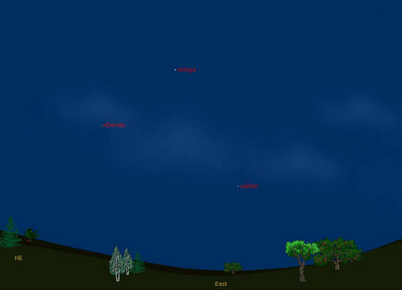 This sky map shows the location of the bright stars Vega, Altair and Deneb in the eastern night sky in summer 2012.The stars form the Summer Triangle visible in North Hemisphere night skies.