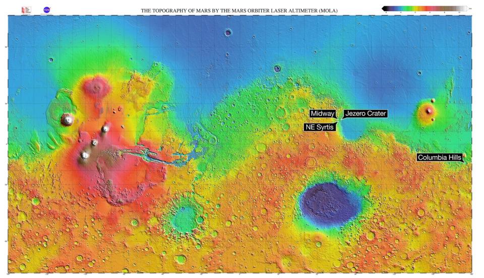 This NASA Mars map shows the four candidate landing sites for NASA's Mars 2020 rover. On Nov. 19, 2018, NASA unveiled its pick of Jezero Crater as the prime landing site for the new rover mission. <cite>NASA/MGS/MOLA Science Team</cite>