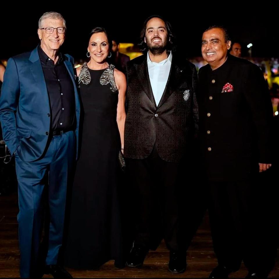 R to L: Billionaire industrialist Mukesh Ambani, Anant Ambani, Paula Hurd, and Bill Gates posing for a photograph at a pre-wedding bash of Mukesh Ambani's son Anant in Jamnagar, India, Saturday, Mar. 02, 2024.