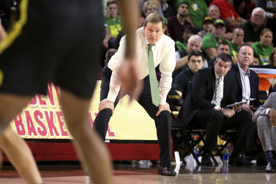 Oregon coach Dana Altman watches the team of defense against Arizona State during the second half of an NCAA college basketball game Thursday, Feb. 20, 2020, in Tempe, Ariz. (AP Photo/Darryl Webb)