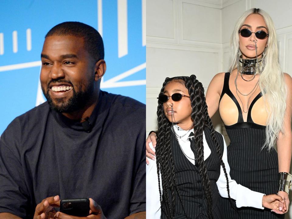 left: kanye west smiling with a blue background behind him; right: kim kardashian and her daughter north west in dramatic outfits and round sunglassess