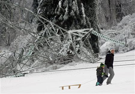 A women with child drags a sledge next to a fallen pillar of the main power lines in Strmca February 3, 2014. REUTERS/Srdjan Zivulovic