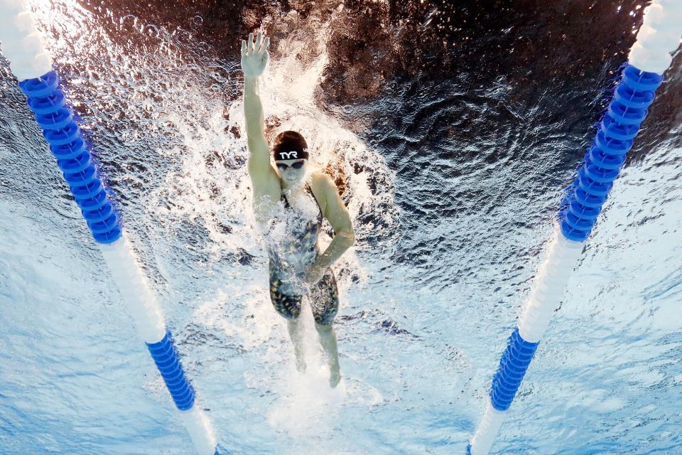 OMAHA, NEBRASKA - JUNE 14: Katie Ledecky of the United States competes in a preliminary heat for the Women’s 400m freestyle during Day Two of the 2021 U.S. Olympic Team Swimming Trials at CHI Health Center on June 14, 2021 in Omaha, Nebraska