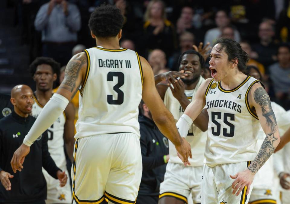 Wichita State’s Bijan Cortes is fired up during a timeout in the first half Wednesday against UTSA.