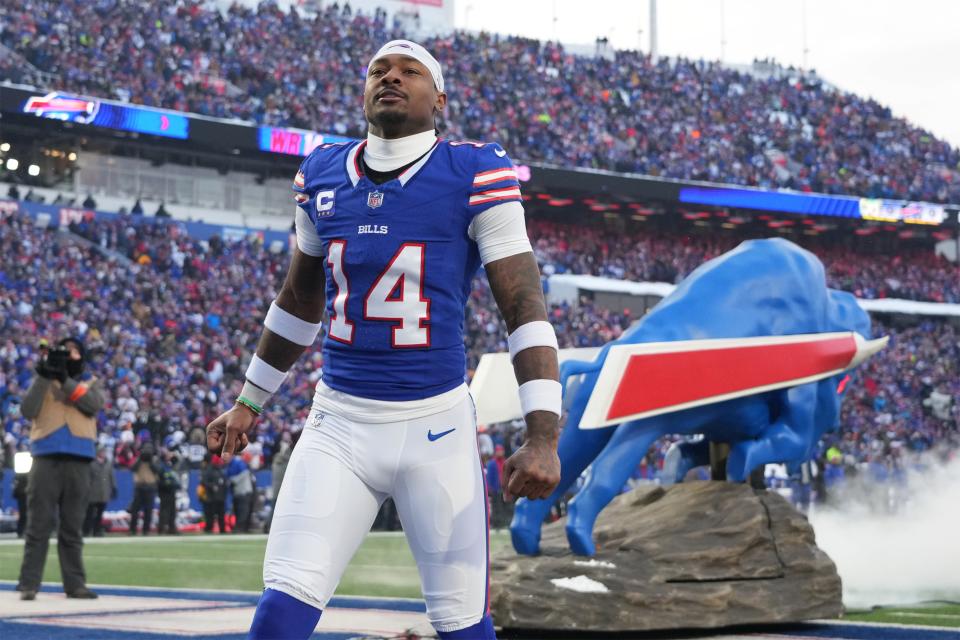 Buffalo Bills wide receiver Stefon Diggs (14) takes the field before Monday's AFC wild-card game against the Pittsburgh Steelers at Highmark Stadium in Orchard Park, New York.