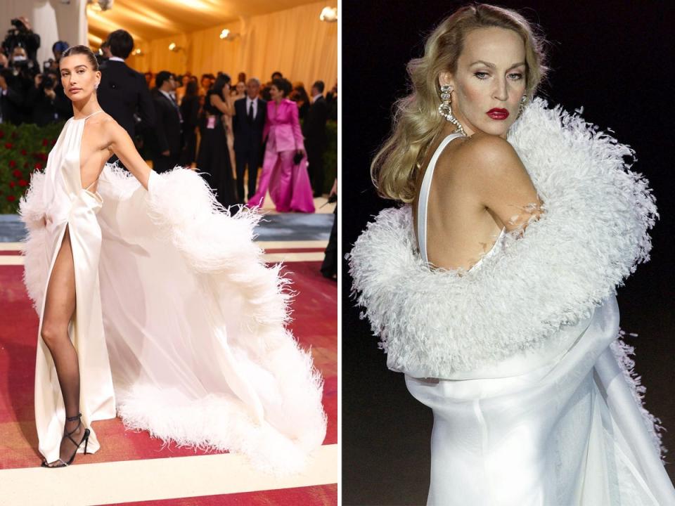 On the left, Hailey Bieber in her white Met Gala dress. On the right, Jerry Hall in her white, feathered gown.