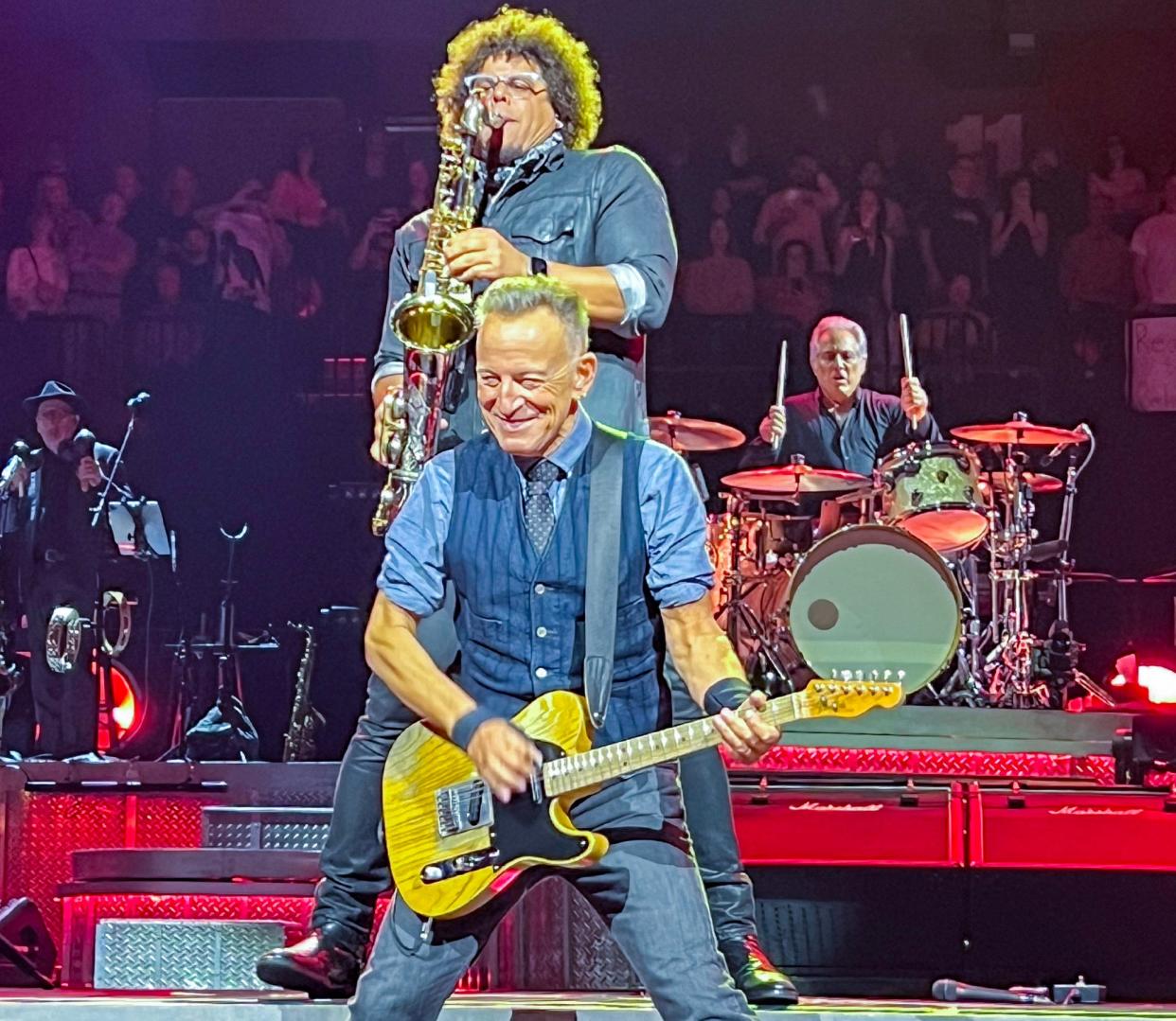 Bruce Springsteen, Jake Clemons and Max Weinberg April 12 at Mohegan Sun Arena in Uncasville, Connecticut.