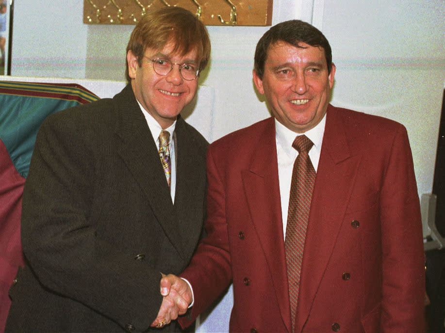 Watford President Elton John greets Graham Taylor at Vicarage Road today (Thursday) as he arrives to take up his new job as General Manager/PA. Elton John is back at the helm of division two Watford after heading a consortium of investors to take over at Vicarage Road from Jack Petchey, it was announced on 26.4.97.  The multi-millionaire will  now chair both the new board and a holding company which now owns the club.  The former England manager Graham Taylor, who has been influential in bringing John back to Vicarage Road, will also remain a pivotal figure at the club as general manager.  