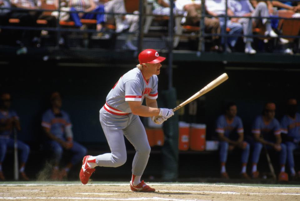 Buddy Bell delivers a hit for the Reds during the 1987 season. Bell played parts of four seasons for the Reds from 1985 to 1988.