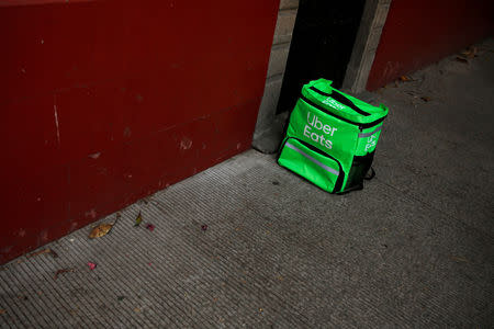 A delivery bag with the logo of Uber Eats is seen on the streets in Mexico City, Mexico May 20, 2019. REUTERS/Carlos Jasso