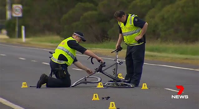 Ms Matthews' mangled bike was inspected by authorities after the crash last year. Photo: 7 News