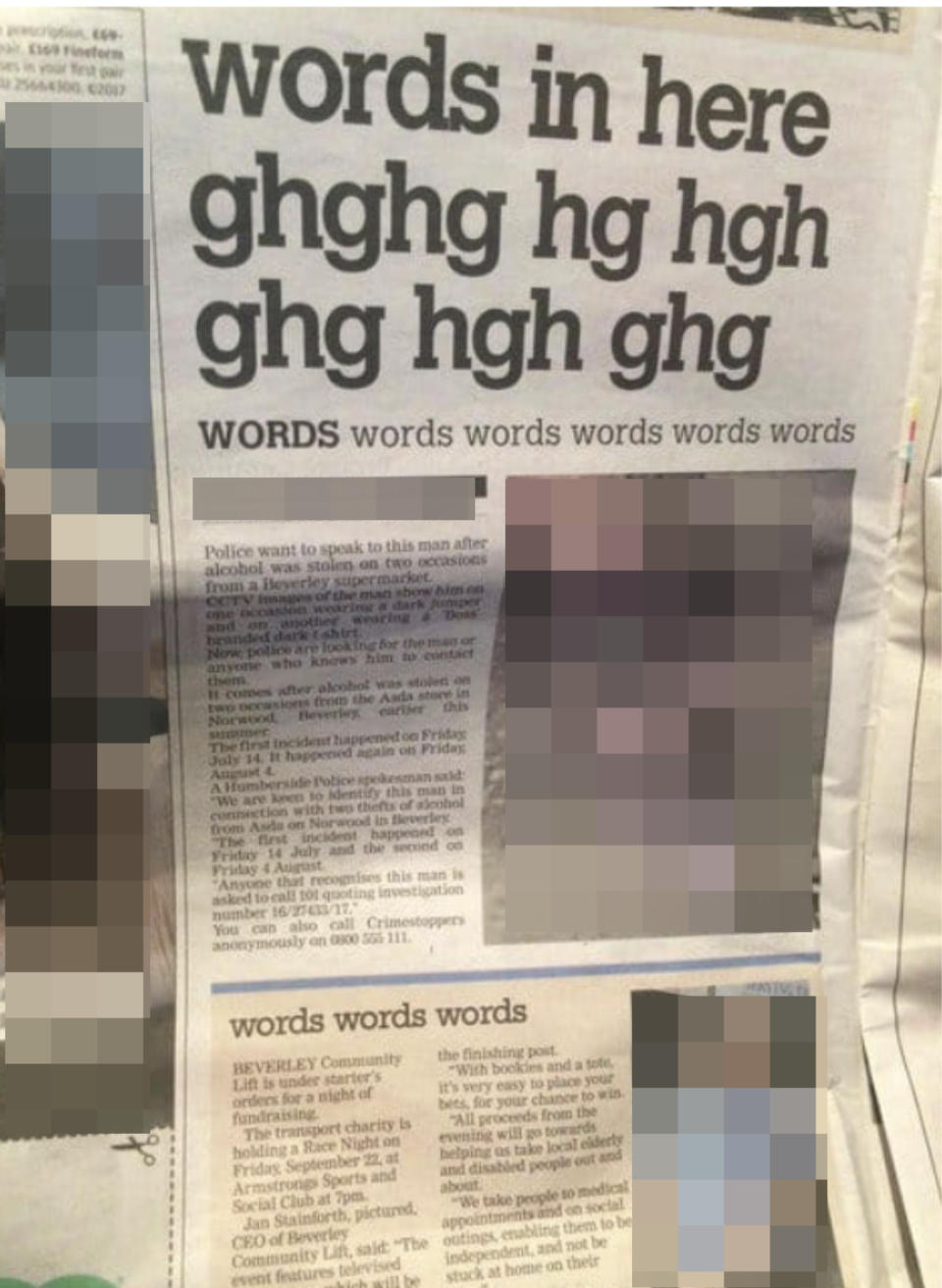 A newspaper that has not been edited to remove filler headlines and gibberish such as "words in here ghghg hg hgh ghg hgh ghg" and "words words words"