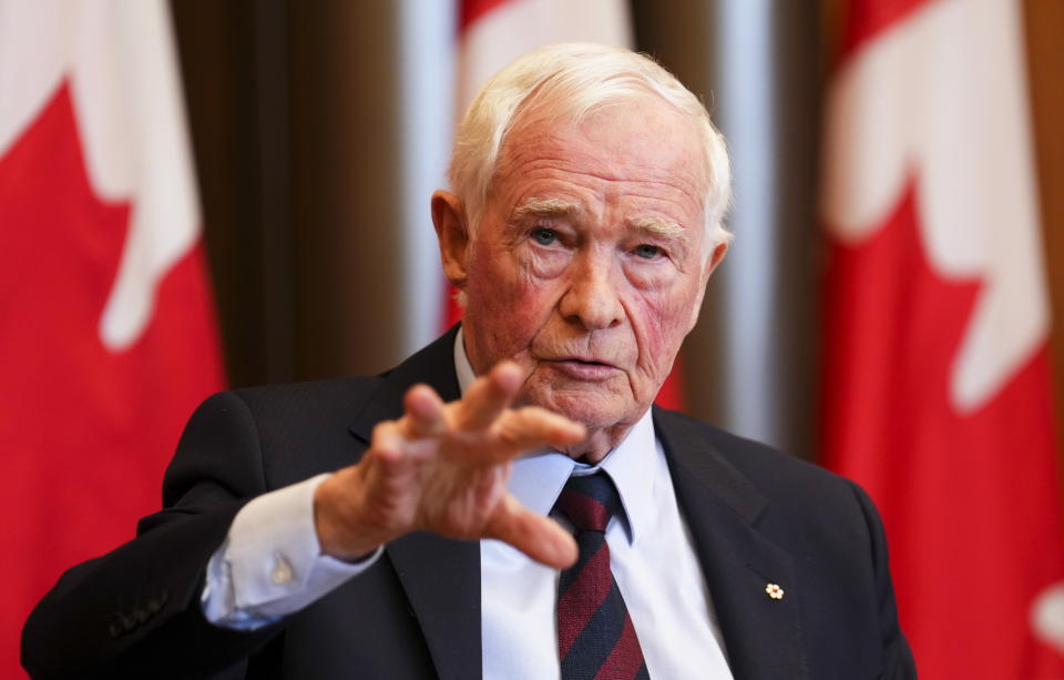 Independent Special Rapporteur on Foreign Interference David Johnston presents his first report in Ottawa, Ontario, on Tuesday, May 23, 2023. Johnston rejected holding a public inquiry into leaked intelligence that alleged China interfered in Canada’s federal elections, drawing allegations of a cover-up from the Conservative opposition. (Sean Kilpatrick/The Canadian Press via AP)