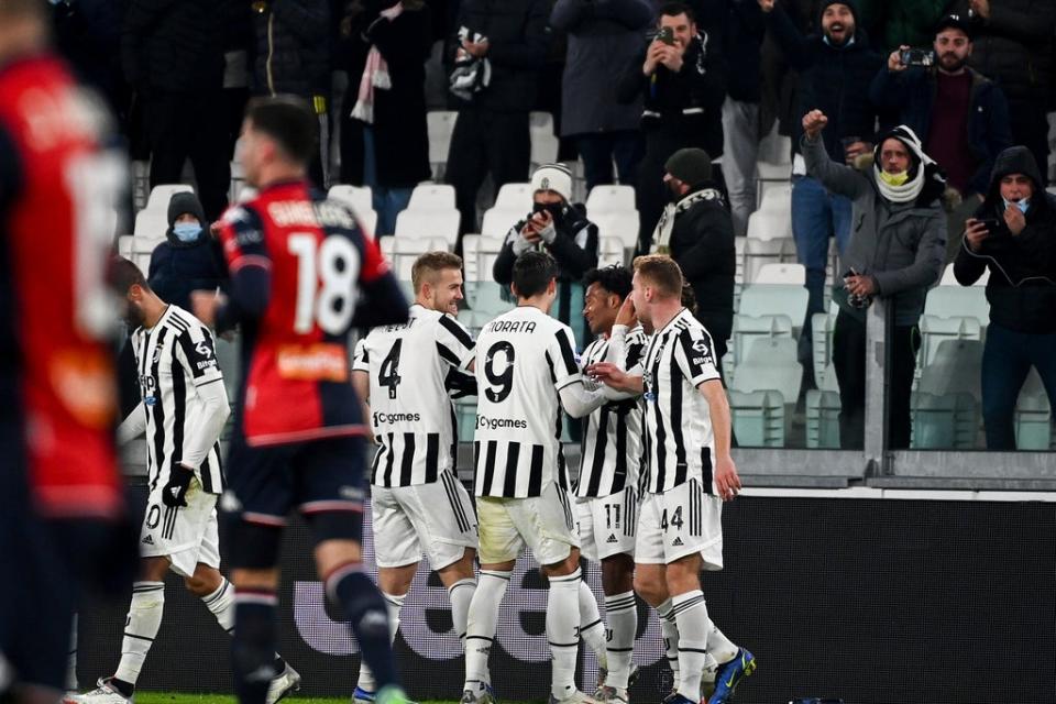 Juan Cuadrado is congratulated after scoring directly from a corner for Juventus (Marco Alpozzi/AP) (AP)