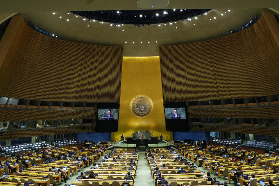 South Korea's President Yoon Suk Yeol addresses the 78th session of the United Nations General Assembly, Wednesday, Sept. 20, 2023. (AP Photo/Richard Drew)