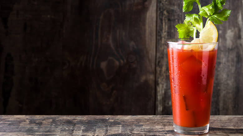 bloody mary on wooden table